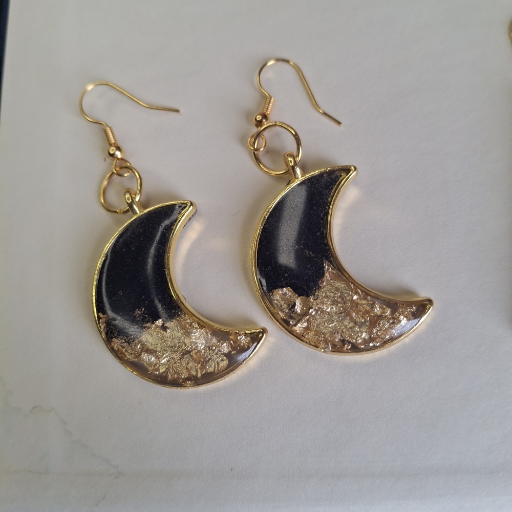 Gold Crescent Moon Drop Earrings - Black and Gold